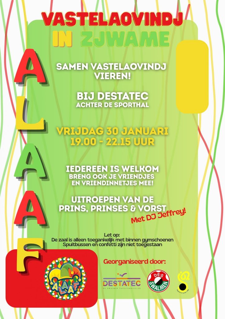 Uitnodiging Carnavalsdisco, vrijdagavond 30 januari van 18.45-22.15 uur.